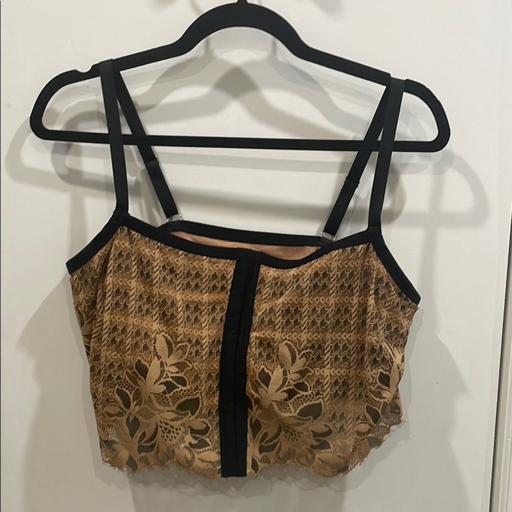 Aerie Lace Floral Crop Top - Black and Tan
